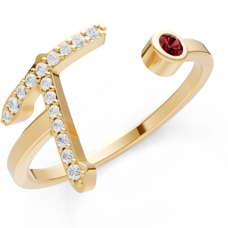 Dainty Initial Letter Birthstone Open Ring – T