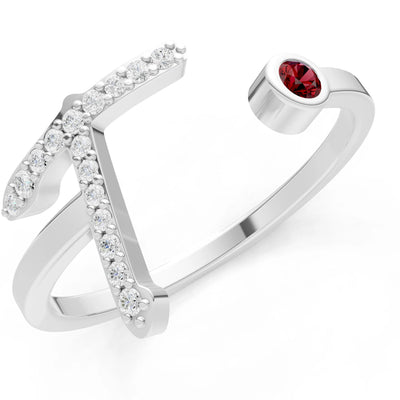 Dainty Initial Letter Birthstone Open Ring – T