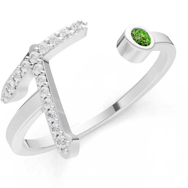 Peridot Dainty Initial Letter Birthstone Open Ring – T