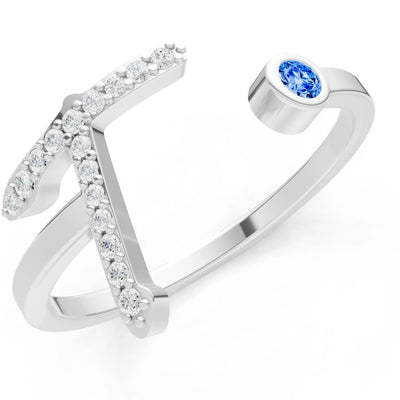 Swiss Blue Topaz Dainty Initial Letter Birthstone Open Ring – T