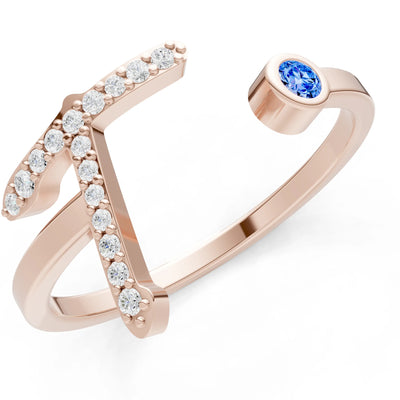 Swiss Blue Topaz Dainty Initial Letter Birthstone Open Ring – T