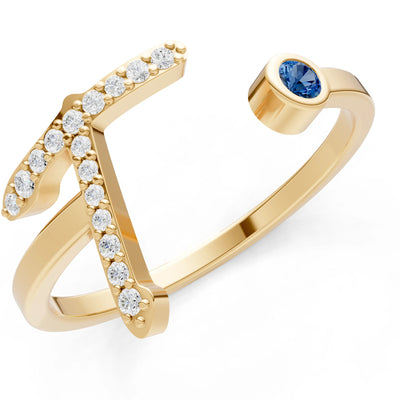 London Blue Topaz Dainty Initial Letter Birthstone Open Ring – T
