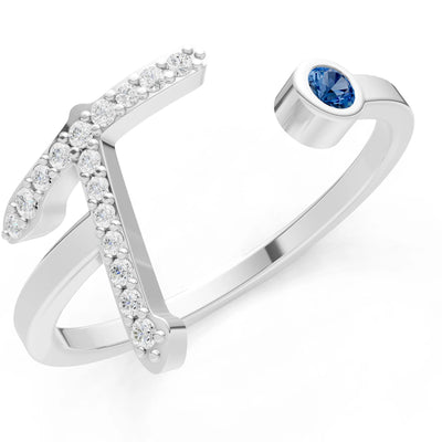 London Blue Topaz Dainty Initial Letter Birthstone Open Ring – T