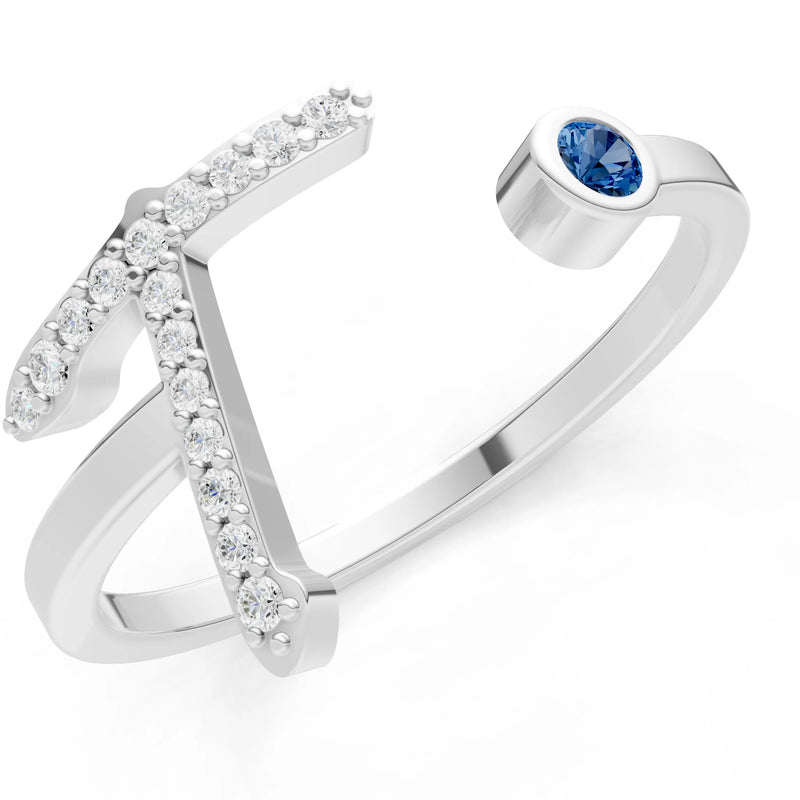 London Blue Topaz Dainty Initial Letter Birthstone Open Ring – T