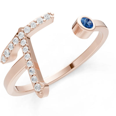 London Blue Topaz Dainty Initial Letter Birthstone Open Ring – T