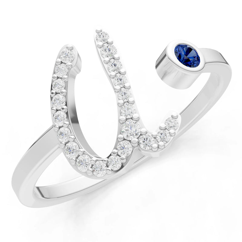 Blue Sapphire Dainty Initial Letter Birthstone Open Ring – U