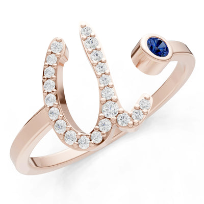 Blue Sapphire Dainty Initial Letter Birthstone Open Ring – U
