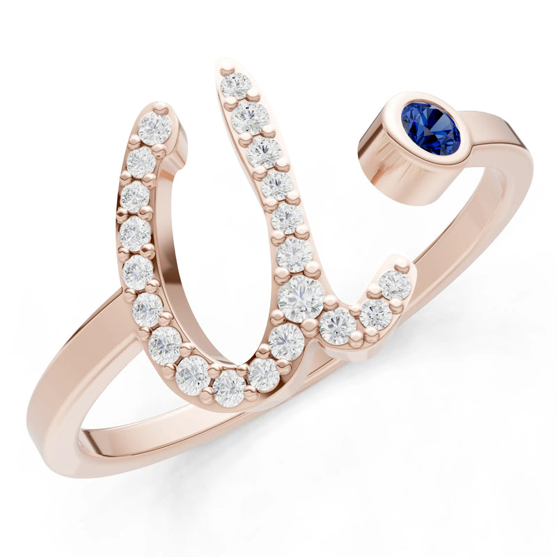 Blue Sapphire Dainty Initial Letter Birthstone Open Ring – U