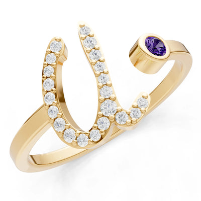 Amethyst Dainty Initial Letter Birthstone Open Ring – U
