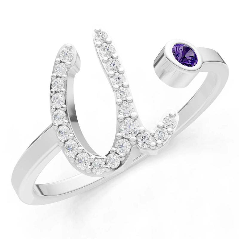 Amethyst Dainty Initial Letter Birthstone Open Ring – U