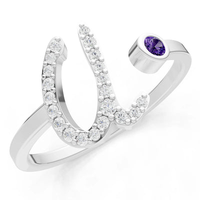 Amethyst Dainty Initial Letter Birthstone Open Ring – U