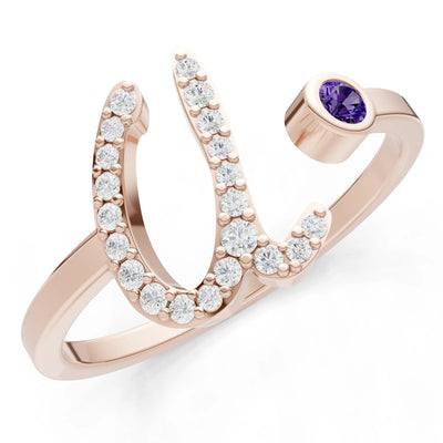 Amethyst Dainty Initial Letter Birthstone Open Ring – U