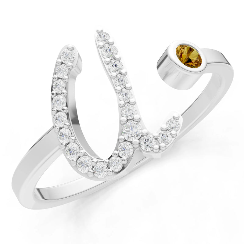 Citrine Dainty Initial Letter Birthstone Open Ring – U