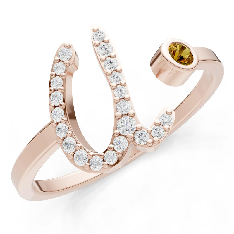 Citrine Dainty Initial Letter Birthstone Open Ring – U