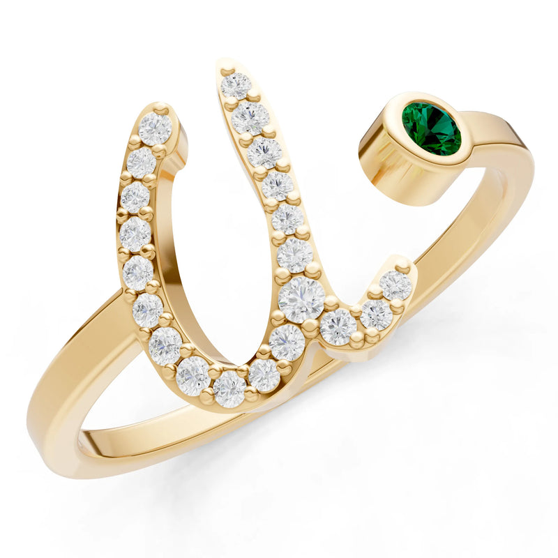 Emerald Dainty Initial Letter Birthstone Open Ring – U