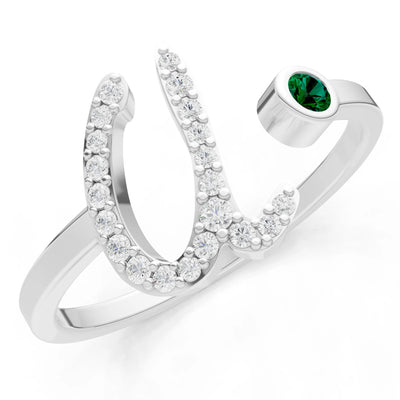 Emerald Dainty Initial Letter Birthstone Open Ring – U