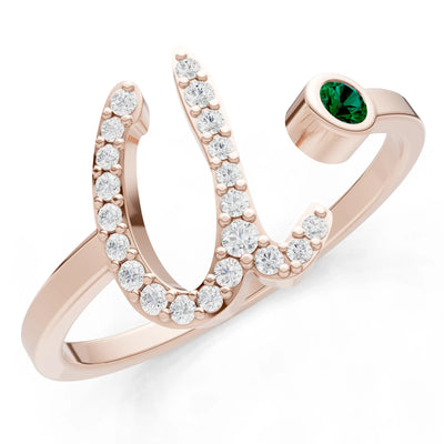 Emerald Dainty Initial Letter Birthstone Open Ring – U