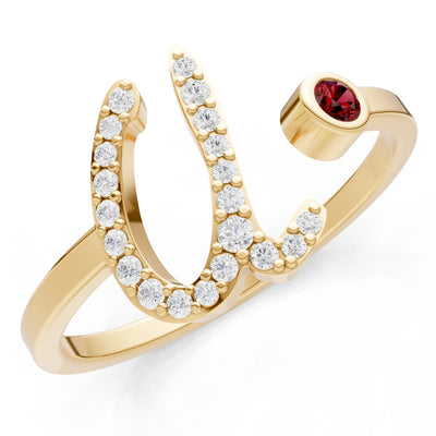 Dainty Initial Letter Birthstone Open Ring – U