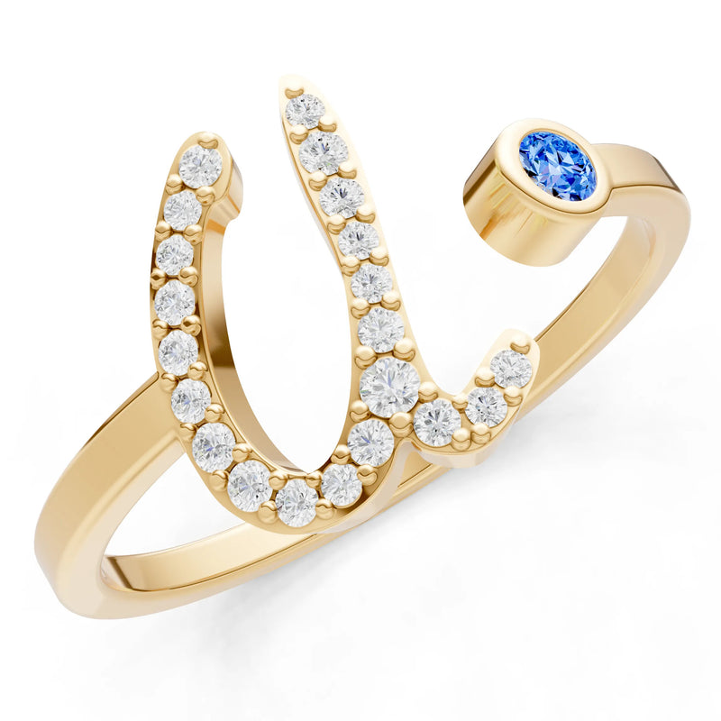 Swiss Blue Topaz Dainty Initial Letter Birthstone Open Ring – U