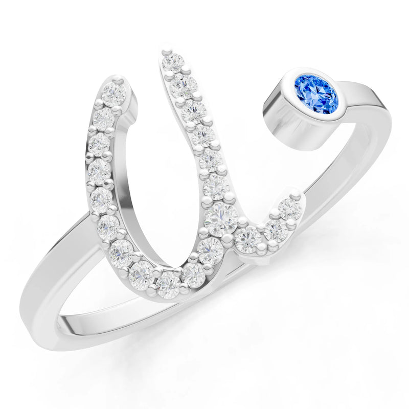 Swiss Blue Topaz Dainty Initial Letter Birthstone Open Ring – U