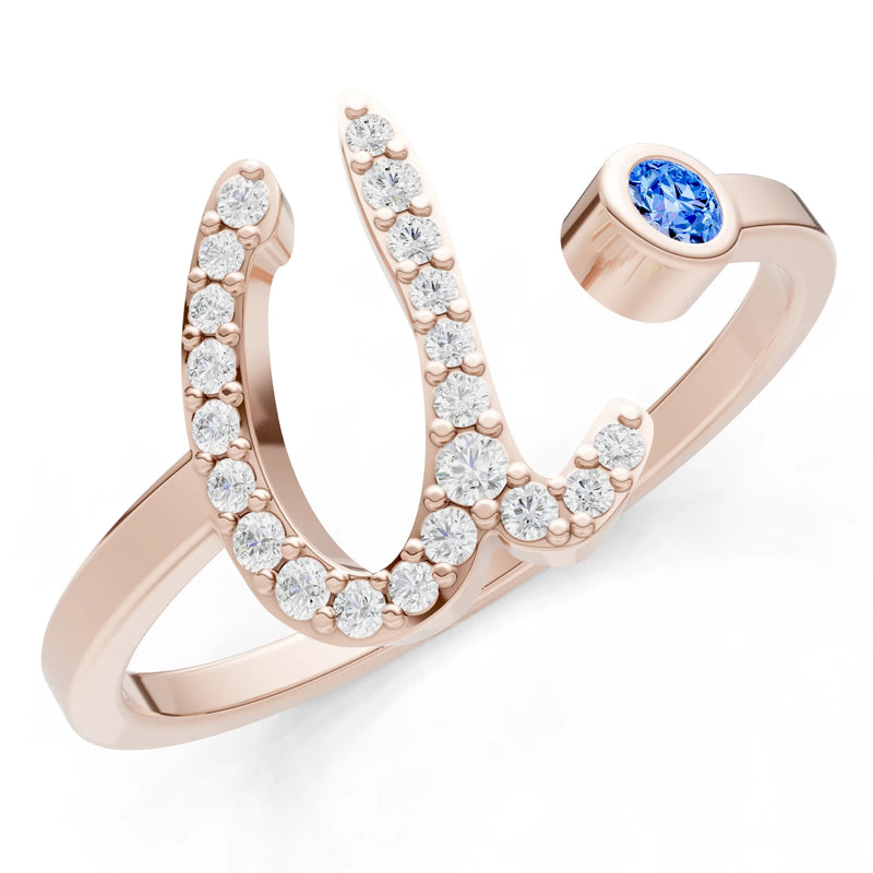 Swiss Blue Topaz Dainty Initial Letter Birthstone Open Ring – U