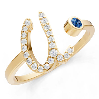 London Blue Topaz Dainty Initial Letter Birthstone Open Ring – U