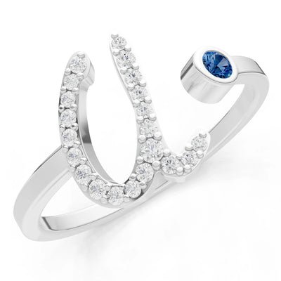 London Blue Topaz Dainty Initial Letter Birthstone Open Ring – U