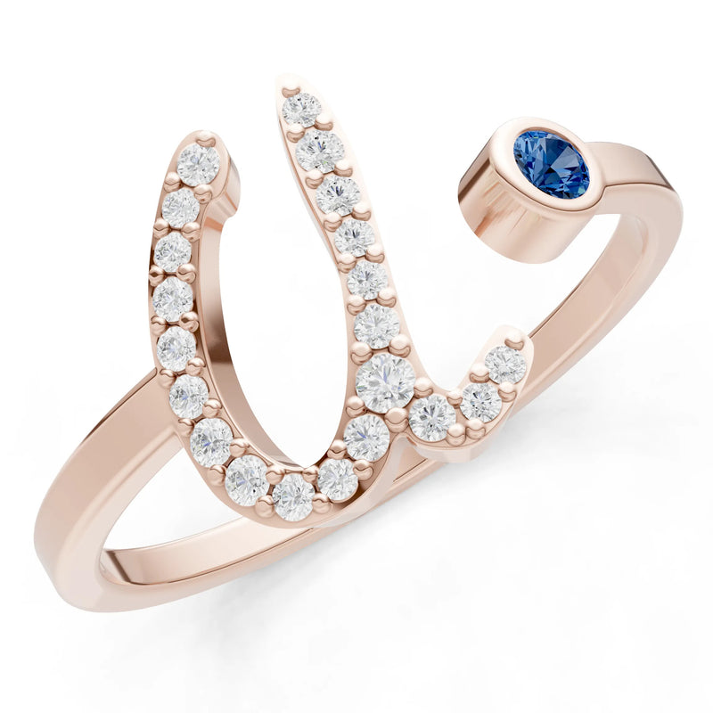 London Blue Topaz Dainty Initial Letter Birthstone Open Ring – U