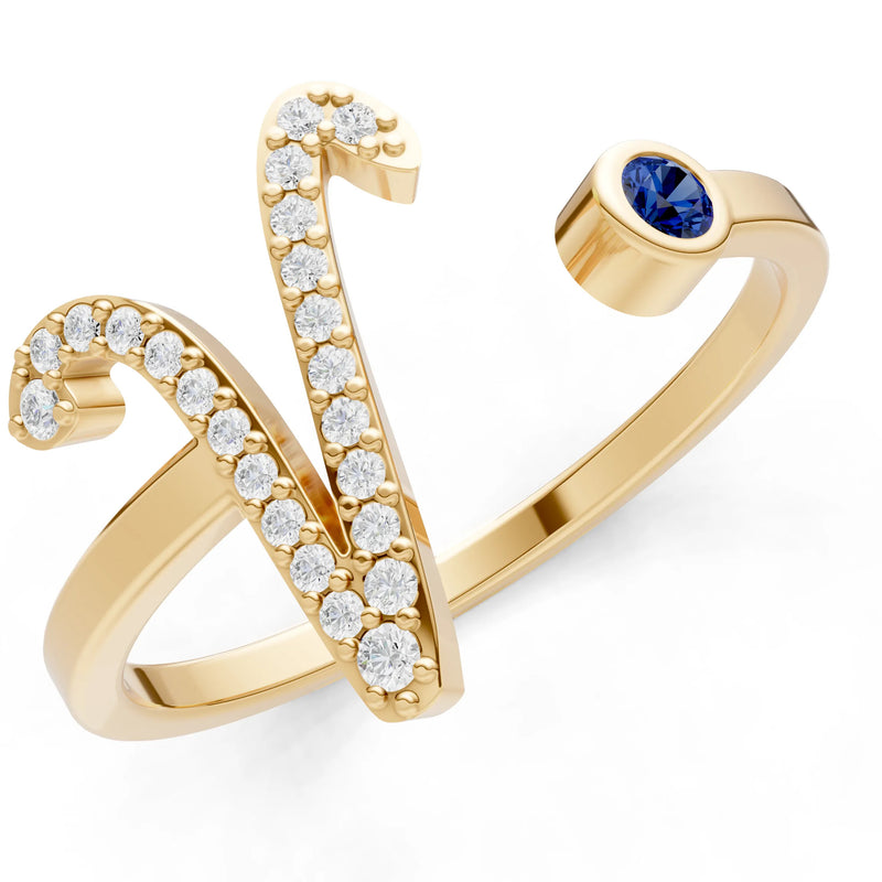 Dainty Initial Letter Birthstone Open Ring – V