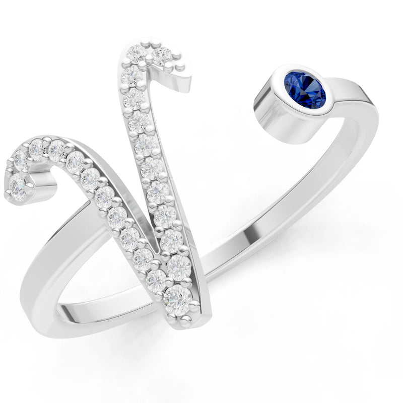 Dainty Initial Letter Birthstone Open Ring – V