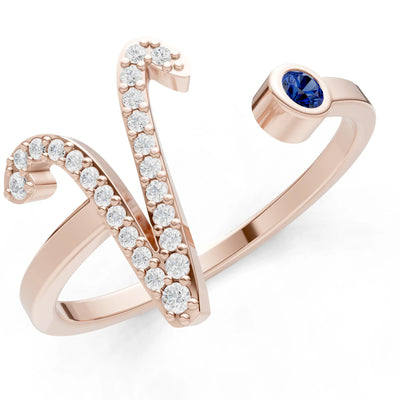 Dainty Initial Letter Birthstone Open Ring – V