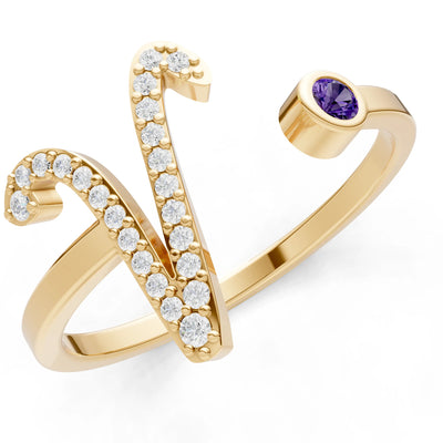 Dainty Initial Letter Birthstone Open Ring – V