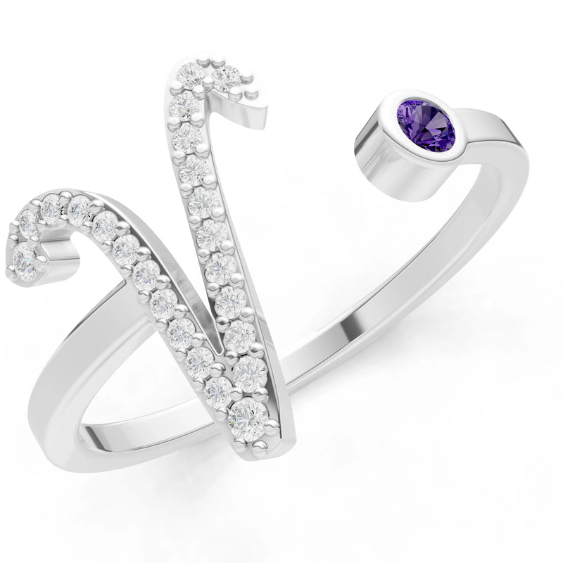 Dainty Initial Letter Birthstone Open Ring – V