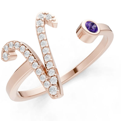 Dainty Initial Letter Birthstone Open Ring – V