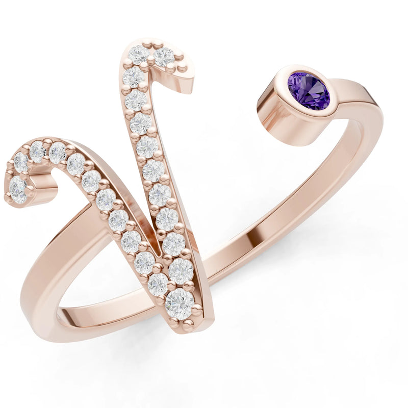 Dainty Initial Letter Birthstone Open Ring – V