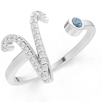 Dainty Initial Letter Birthstone Open Ring – V