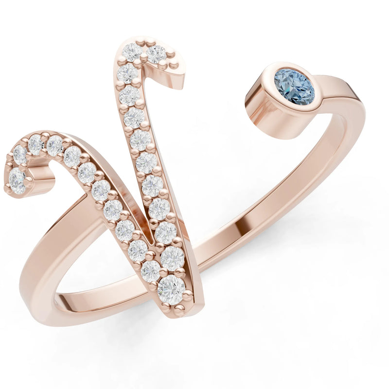 Dainty Initial Letter Birthstone Open Ring – V