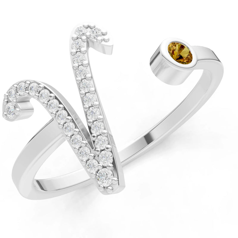 Dainty Initial Letter Birthstone Open Ring – V
