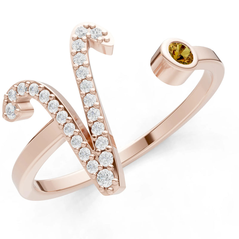 Dainty Initial Letter Birthstone Open Ring – V