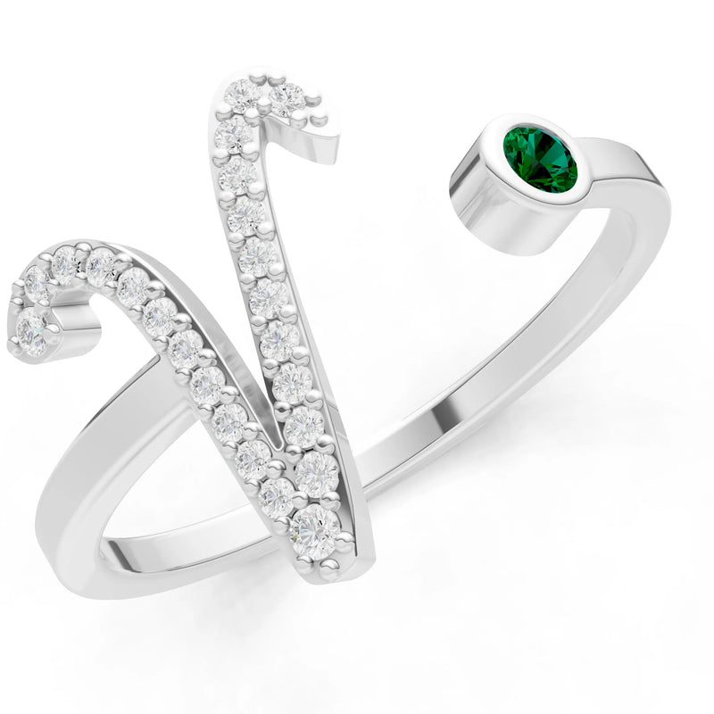 Dainty Initial Letter Birthstone Open Ring – V
