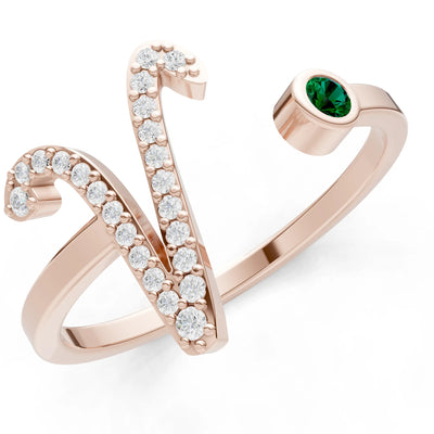 Dainty Initial Letter Birthstone Open Ring – V