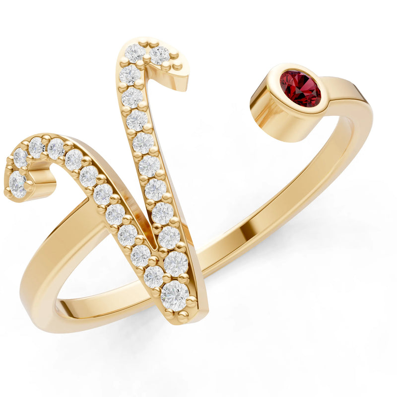 Dainty Initial Letter Birthstone Open Ring – V