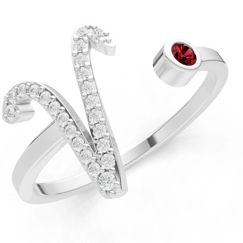Dainty Initial Letter Birthstone Open Ring – V