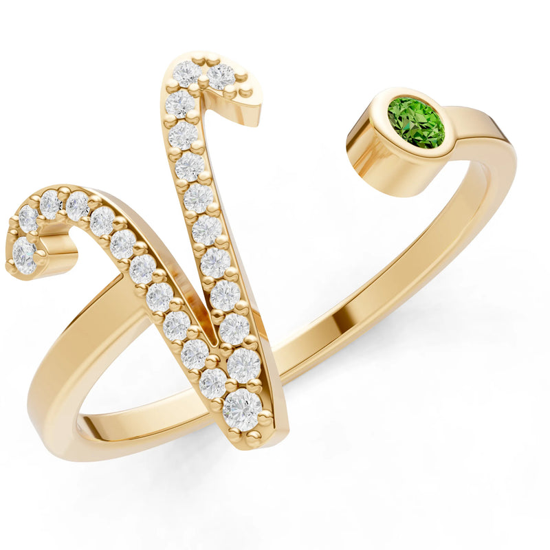 Dainty Initial Letter Birthstone Open Ring – V