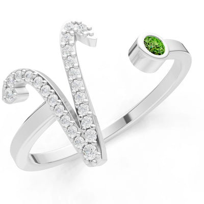 Dainty Initial Letter Birthstone Open Ring – V