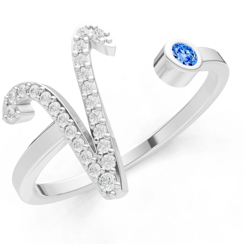 Dainty Initial Letter Birthstone Open Ring – V