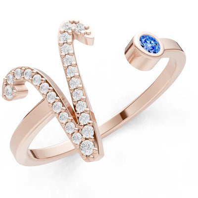 Dainty Initial Letter Birthstone Open Ring – V