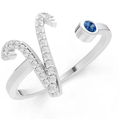 Dainty Initial Letter Birthstone Open Ring – V