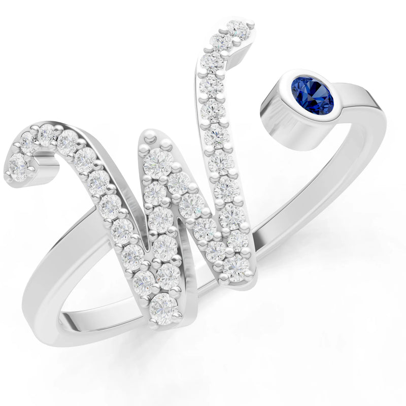 Dainty Initial Letter Birthstone Open Ring – W