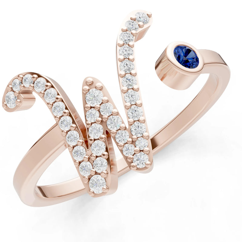 Dainty Initial Letter Birthstone Open Ring – W